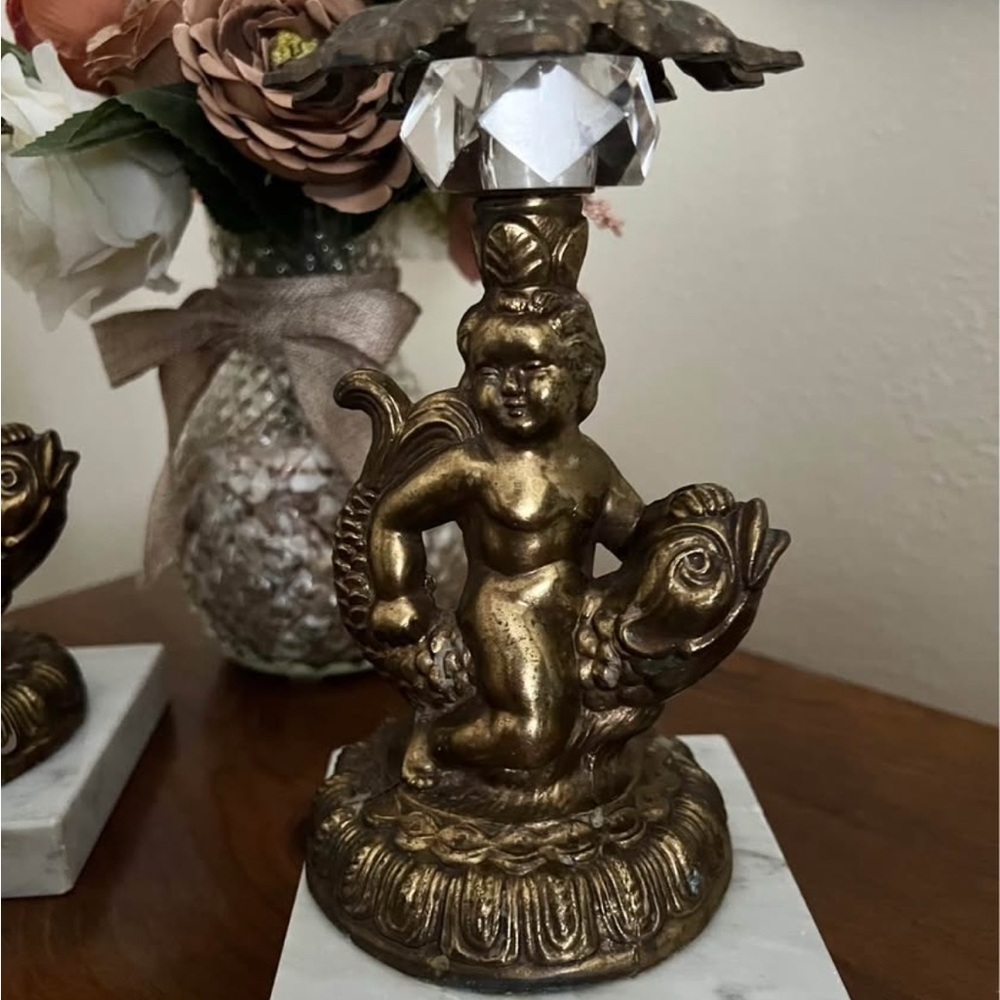 Pair of Hollywood Regency Brass and Marble Candle Holders; Cherubs on Koi - Picture 2 of 5